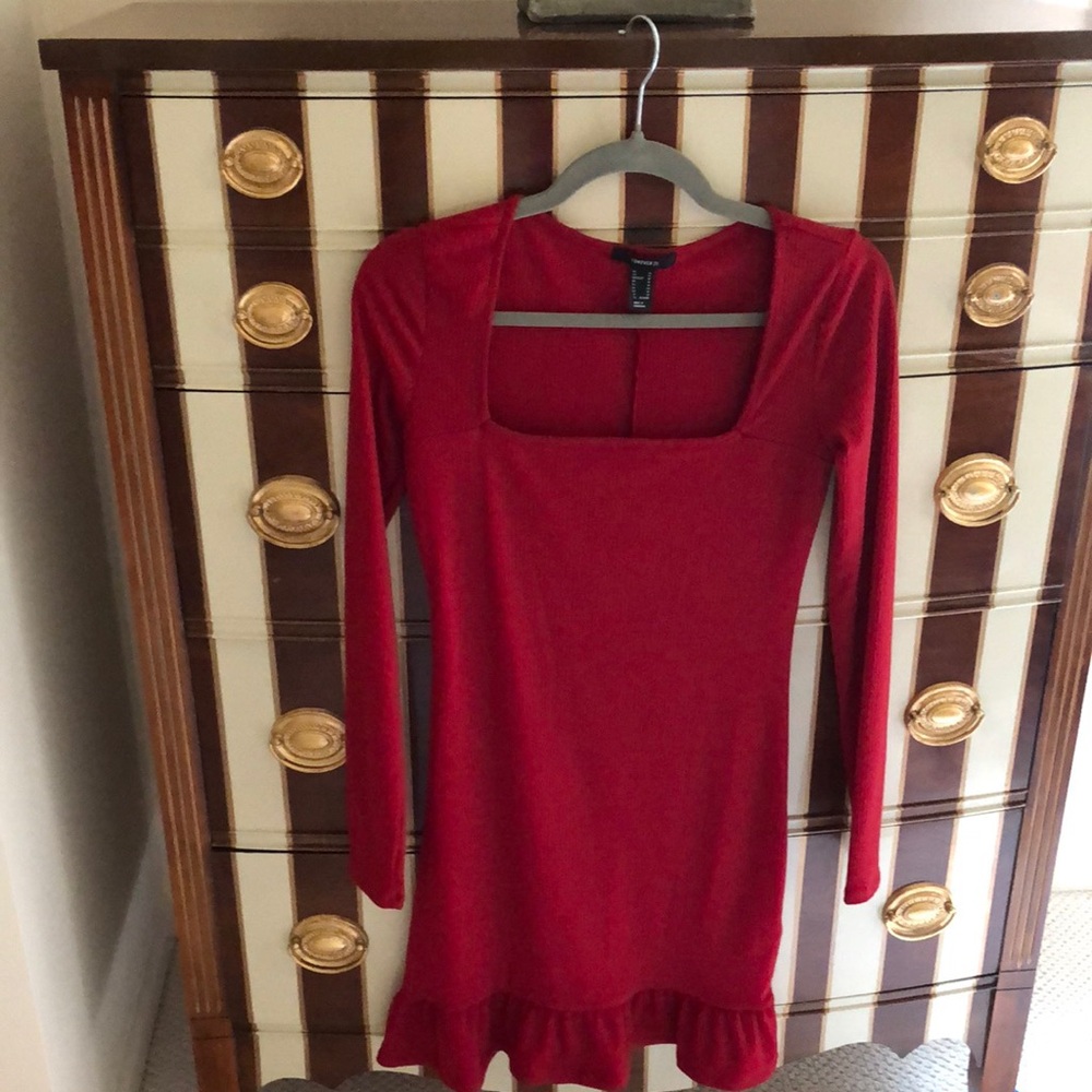 Red Long Sleeve Dress with Ruffle Hem